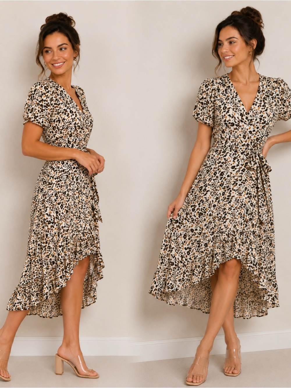 Leopard Print High-Low Wrap Dress in Beige